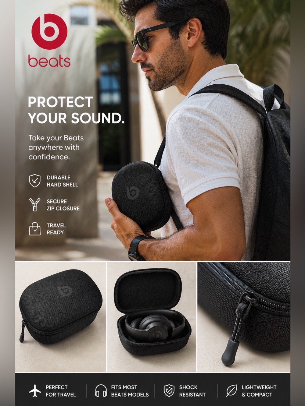 Beats by Dre Black Hard Shell Travel Carrying Case | Zippered Protective Storage